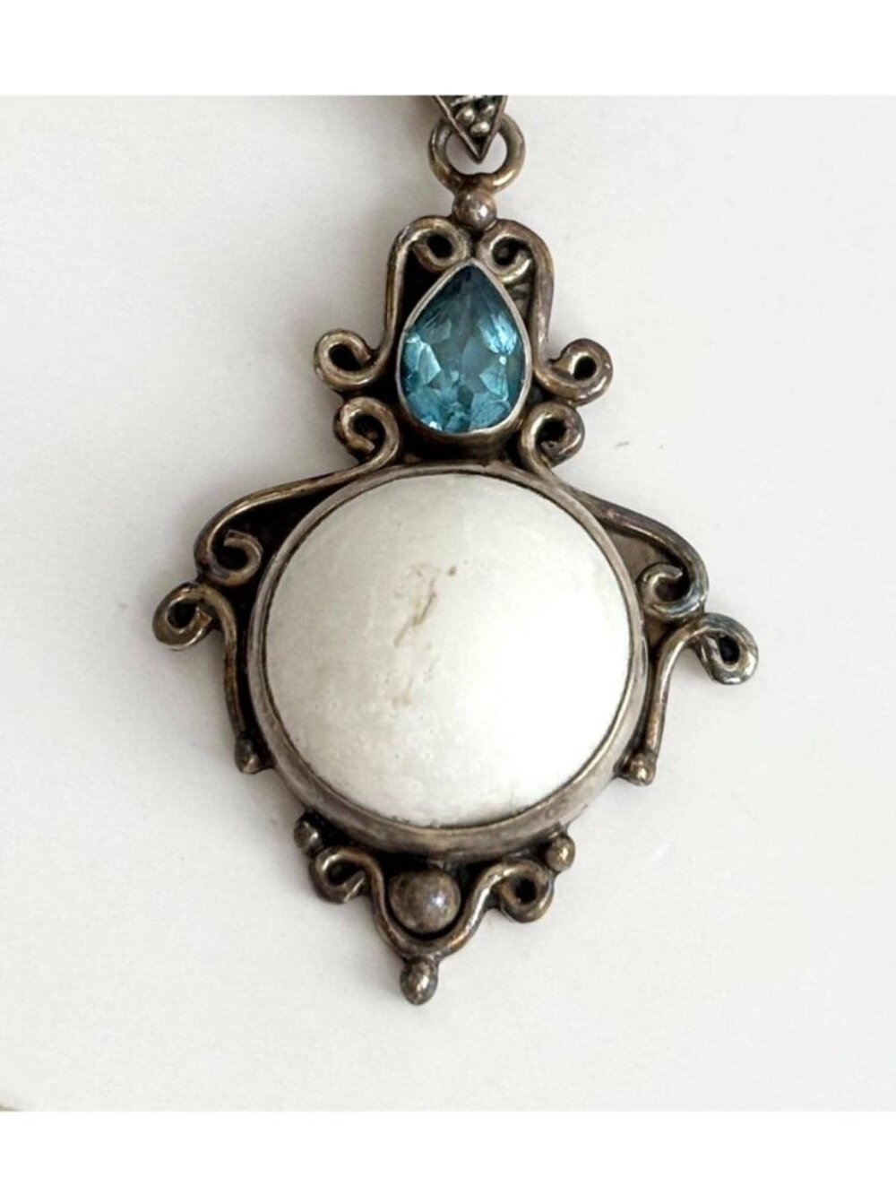 Cultured Pearl & Blue Topaz Chainlink 925 Vintage Pendant Necklace - 18"
